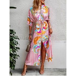 Multicolored Kimono Style Dress Drawstring Pink Maxi Long Batwing Sleeve